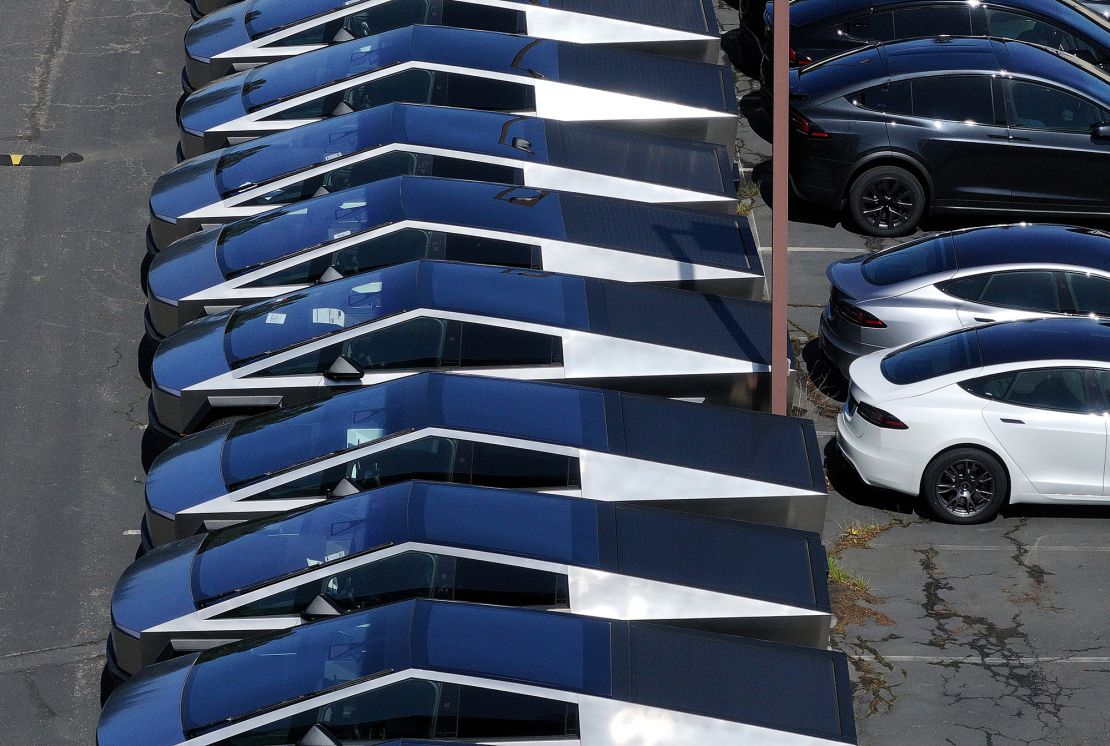 Tesla Cybertrucks in a dealership on April 2, 2025, in Corte Madera, California.