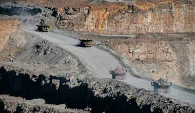 Mining trucks transport diamond-bearing rock ore from the open pit at the Letseng diamond mine in Lesotho. This small, landlocked country in Southern Africa exports 45% of its goods to the U.S., including rough diamonds and trout.