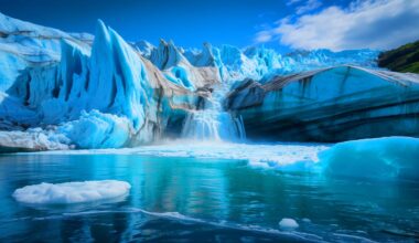 Illustration of the alarming rate of global glacier melting and its environmental impact. Image generated by AI.