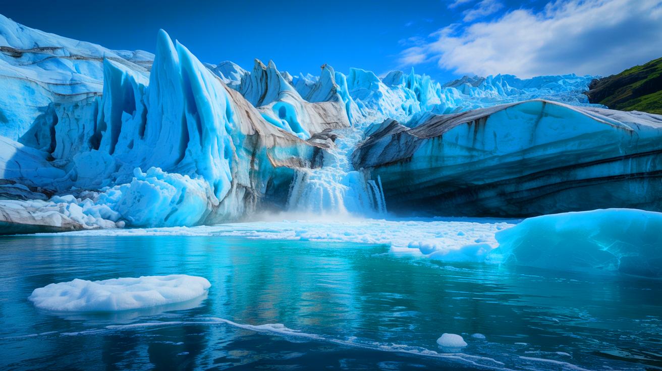 Illustration of the alarming rate of global glacier melting and its environmental impact. Image generated by AI.