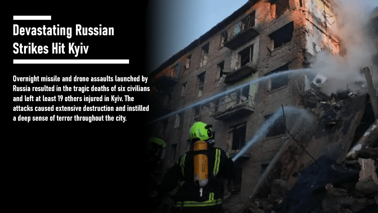 Devastating Russian Strikes Hit Kyiv. Overnight missile and drone assaults launched by Russia resulted in the tragic deaths of six civilians and left at least 19 others injured in Kyiv. The attacks caused extensive destruction and instilled a deep sense of terror throughout the city.