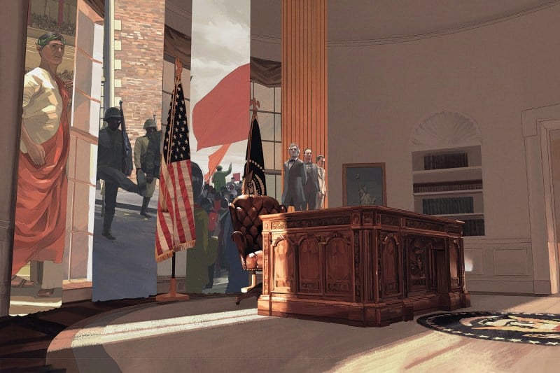 An illustration depicts historical moments from the past in the curtains of the Oval Office: Julius Caesar, the Cultural Revolution in China, and three American presidents. The room shows an empty chair at the Resolute Desk and a presidential seal on the rug.