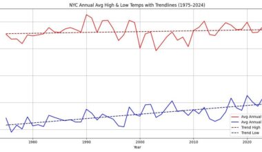 NYC Annual Avg High & Low Temperatures with Trendlines (1975-2024) [OC]