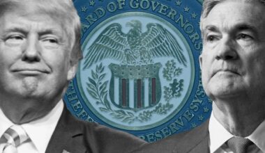 A montage of Donald Trump, the seal of the Federal Reserve Board of Governors and Jay Powell