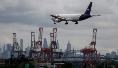 A FedEx plane prepares to land at Newark Airport in Newark, New Jersey