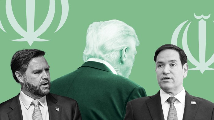 A montage of JD Vance, Donald Trump and Marco Rubio with the emblem of the Iranian flag, four crescents and a sword, in the background