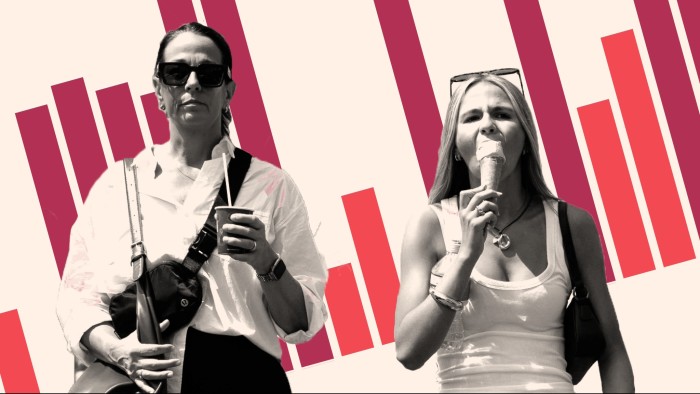 Montage shows two female commuters walking, one with an ice-cream, against a data backdrop
