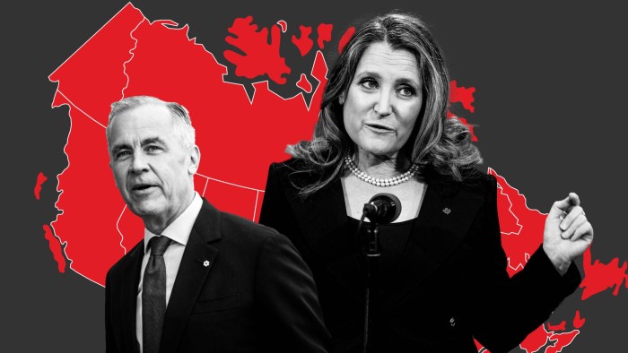 Mark Carney, Chrystia Freeland and map of Canada with provincial boundaries