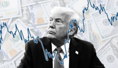A montage of Donald Trump with a chart line in the foreground and dollar bills in the background