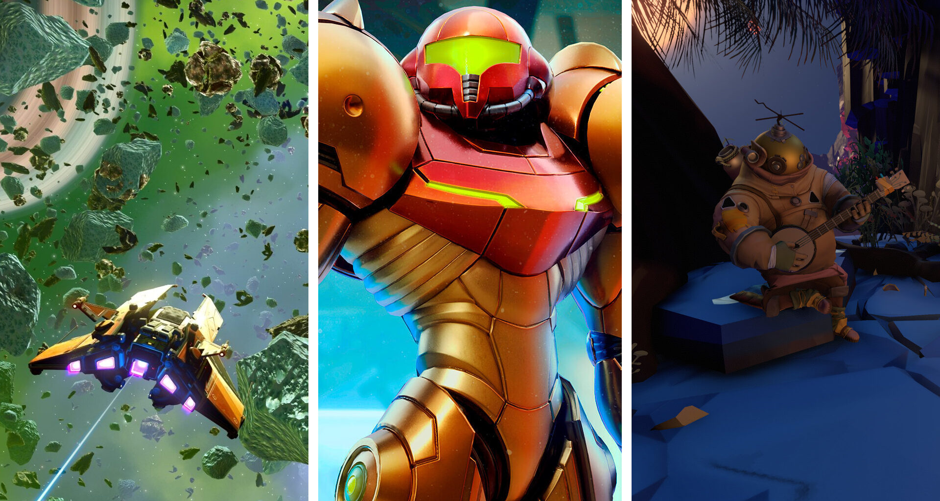 Split image showing screenshots from three Switch sci-fi games: No Man