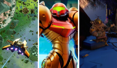 Split image showing screenshots from three Switch sci-fi games: No Man