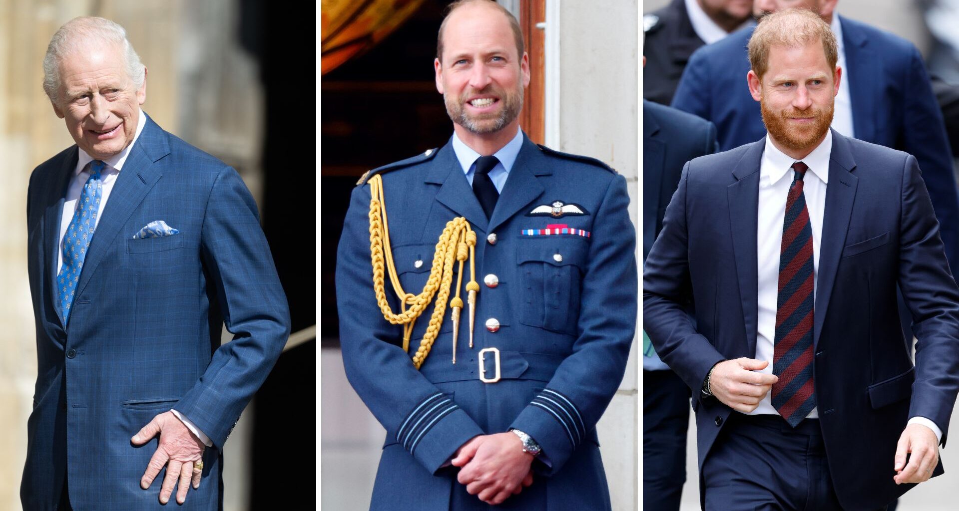 Composite of pictures of King Charles, Prince William and Prince Harry respectively in 2025