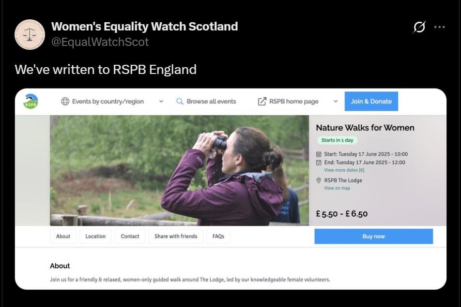 "Women's Equality Watch Scotland" write to RSPB (bird protection charity) to re a women's nature walk because it permits trans women too.