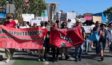 A crowd marches with banners