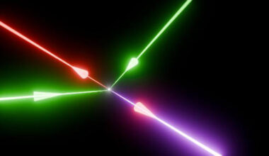 Illustration of photon-photon scattering in the laboratory: two green petawatt lasers beams collide at the focus with a third red beam to polarise the quantum vacuum; this allows a fourth blue laser beam to be generated, with a unique direction and color, which conserves momentum and energy. Image credit: Zixin (Lily) Zhang.