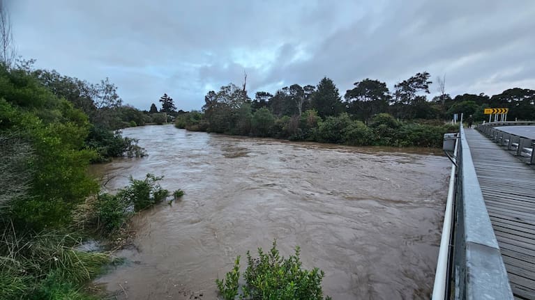 Images of the flooded Tauranga-Taupō River north of Tūrangi this morning.