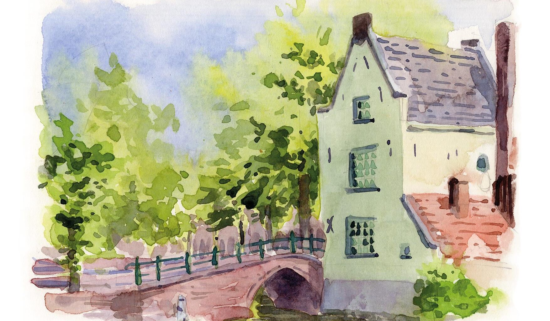Een aquarel van het witte huisje in Amersfoort