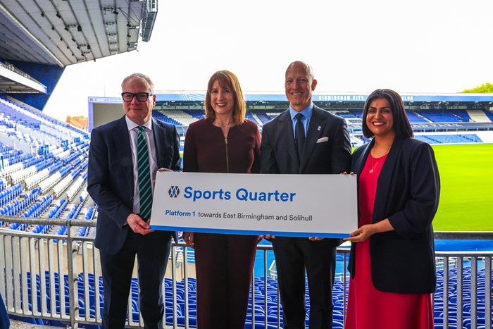 (left to right) Richard Parker, Mayor of the West Midlands, Chancellor Rachel Reeves, Tom Wagner and Shabana Mahmood MP at the Metro Sports Quarter announcement at Birmingham City Football Club.