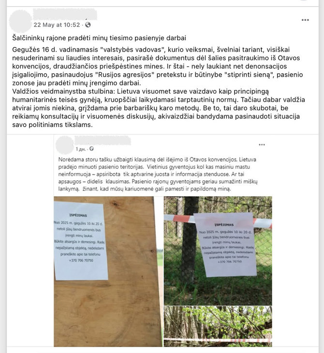 Ekrano nuotr. iš „Facebook“/„Įspėjimai“ apie tariamai pasienyje atsirasiančias minas yra dezinformacija, skirta išgąsdinti žmones ir sukelti kuo daugiau sumaišties