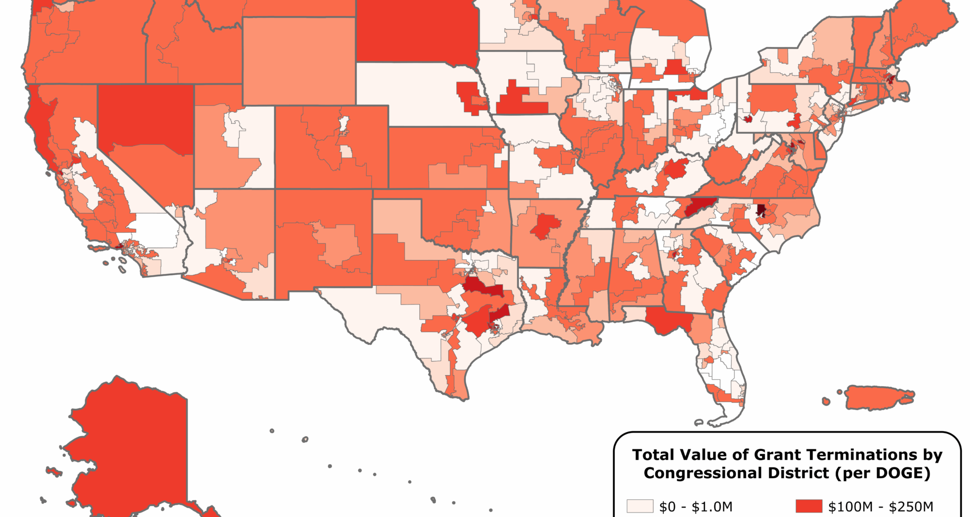 Dollar Value of DOGE Cuts to US Federal Grant Programs by Congressional District [OC]