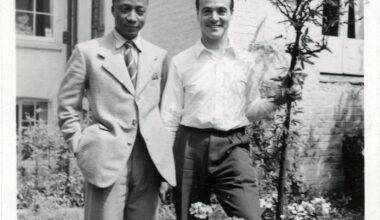 Two absolutely remarkable London residents of the 20th Century. Muteesa II, King of Buganda, pictured here with Oliver Messel in his garden in Pelham Place - London. 1950s.