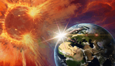 a fiery explosion in space just behind earth