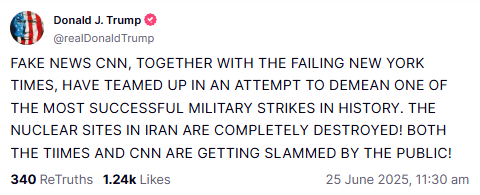 FAKE NEWS CNN, TOGETHER WITH THE FAILING NEW YORK TIMES, HAVE TEAMED UP IN AN ATTEMPT TO DEMEAN ONE OF THE MOST SUCCESSFUL MILITARY STRIKES IN HISTORY. THE NUCLEAR SITES IN IRAN ARE COMPLETELY DESTROYED! BOTH THE TIIMES AND CNN ARE GETTING SLAMMED BY THE PUBLIC!