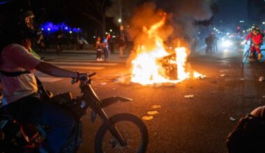 Protests continue into the night following two days of clashes with police after a series of immigration raids on June 08, 2025, in Los Angeles.
