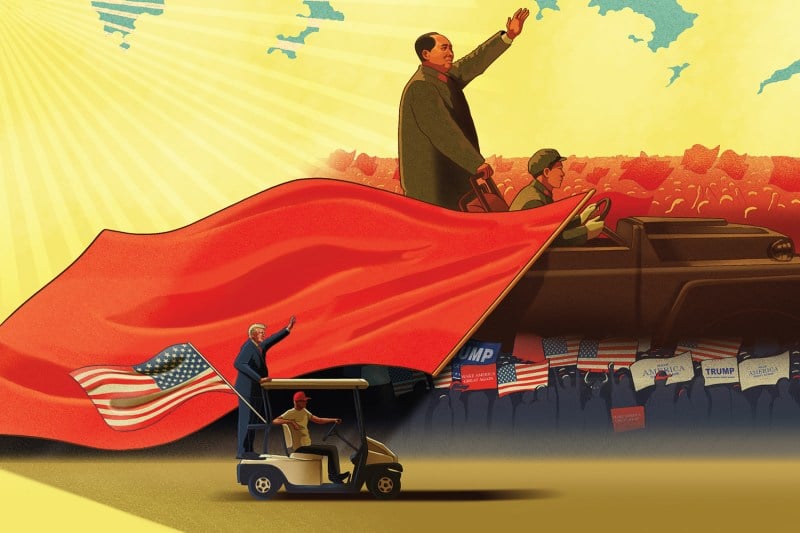 An illustration shows Chairman Mao being driven in a car past a sea of red flags. In the foreground is Donald Trump in a similar pose driven in a golf cart.