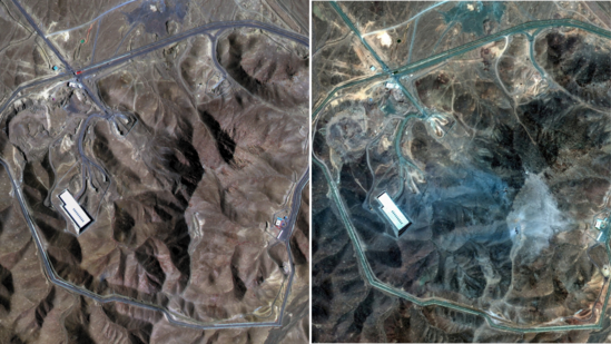 A combination picture shows satellite images over Fordow underground complex, before and after the U.S. struck the underground nuclear facility, near Qom, Iran, June 20, 2025 (L) and June 22, 2025.(Maxxar technologies/Reuters)