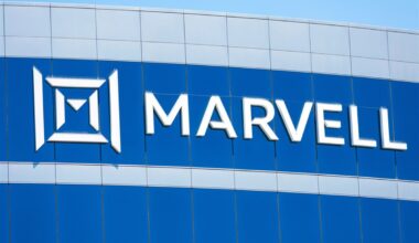 Marvell sign, logo on facade of Marvell Technology headquarters in Silicon Valley - Santa Clara, California, USA - 2021 - Stock Editorial Photography