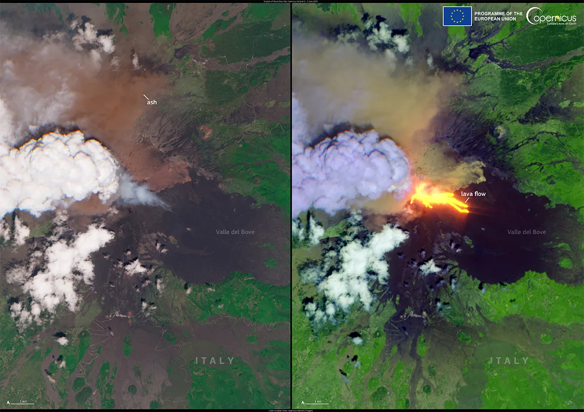 Mount Etna from space, showing the eruption on 2 June 2025. Left is a natural colour image showing an ash plume partially obscured by cloud. Right is a false colour composite using shortwave infrared channels. Credit: European Union, Copernicus Sentinel-2C imagery