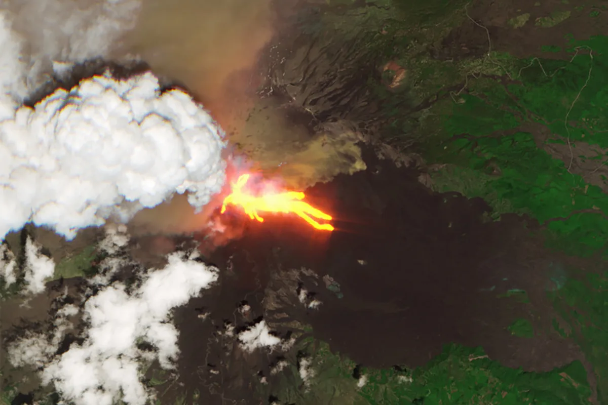 A view of Mount Etna erupting on 2 June 2025 from space, captured by the Copernicus Sentinel-2 mission. Image contains modified Copernicus Sentinel data (2025), processed by ESA.