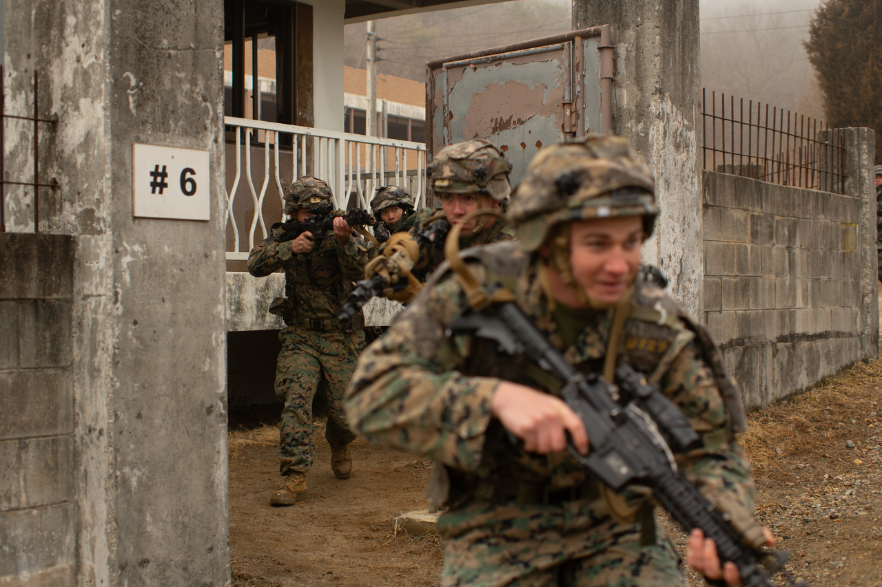 US and South Korean Marines take part in urban terrain training during the Korean Marine Exchange Program at Rodriguez Live Fire Complex in South Korea, March 13, 2025. (US Marine Corps)