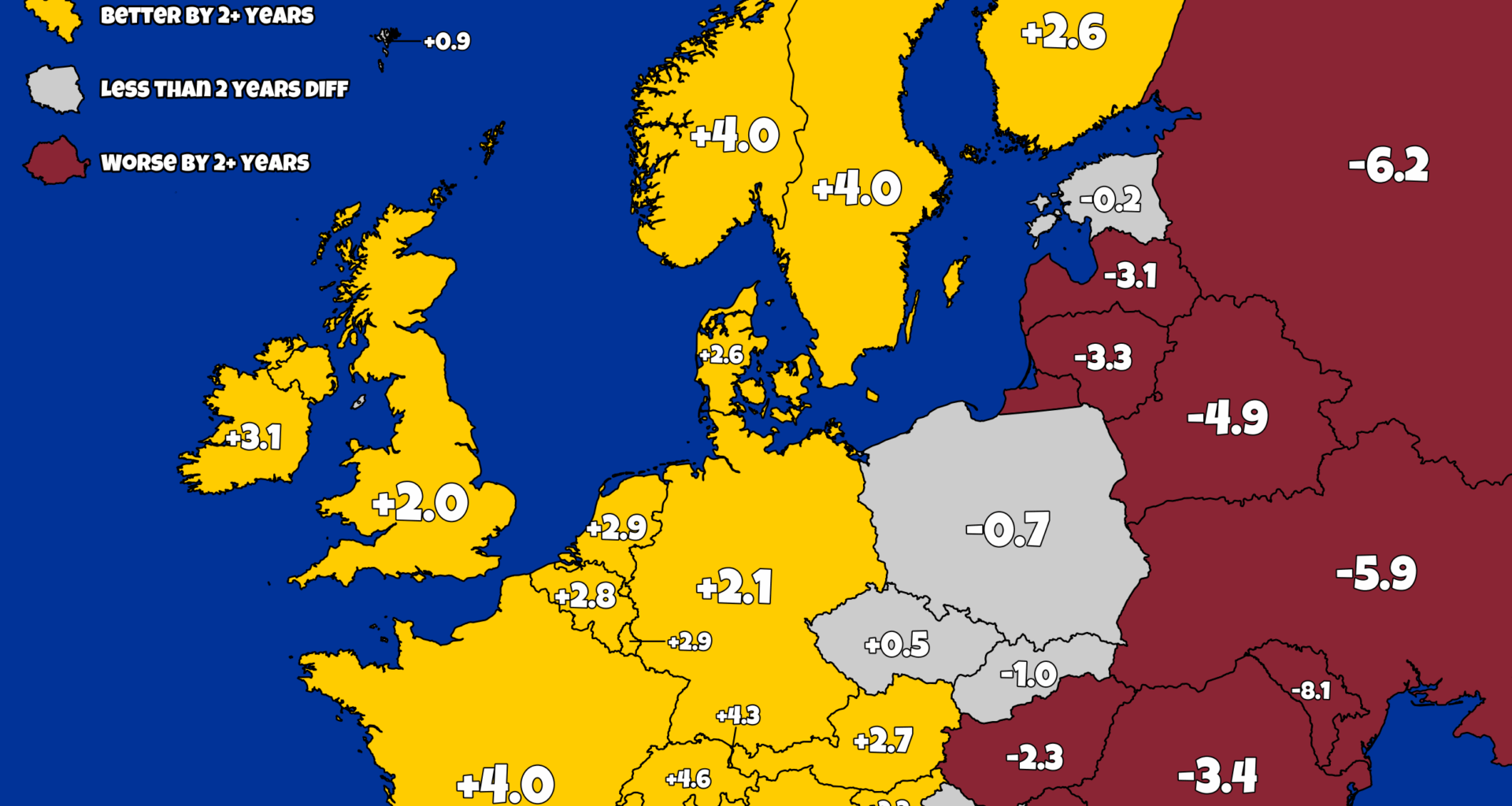 [OC] Life Expectancy in Europe Compared to the US: Which Europeans can expect to live longer than Americans?
