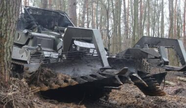 German 'WiSENT 1 MC' multi-purpose armoured vehicle, equipped with a British Route Opening Mine Plough (ROMP), from the 49th Separate Artillery Brigade "Mstislav the Brave" - of the Ukrainian Army.
