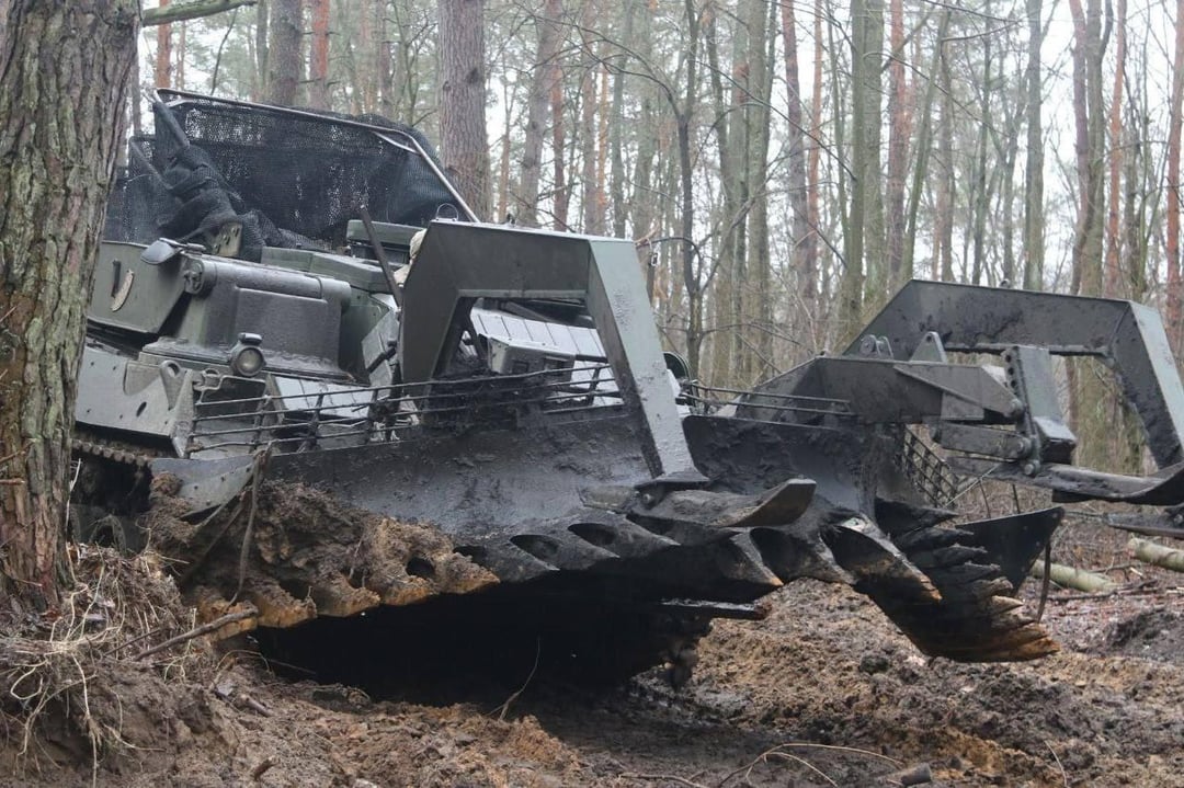 German 'WiSENT 1 MC' multi-purpose armoured vehicle, equipped with a British Route Opening Mine Plough (ROMP), from the 49th Separate Artillery Brigade "Mstislav the Brave" - of the Ukrainian Army.