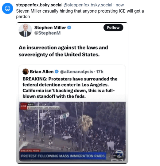 Steven Miller casually hinting that anyone protesting ICE will get a pardon