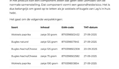 PepsiCo Belux gaat over tot een terugroepactie van Lay's Bugles en Lay's Wokkels. In het productieproces is onbedoeld een component in het product terechtgekomen dat geen deel uitmaakt van de normale samenstelling.