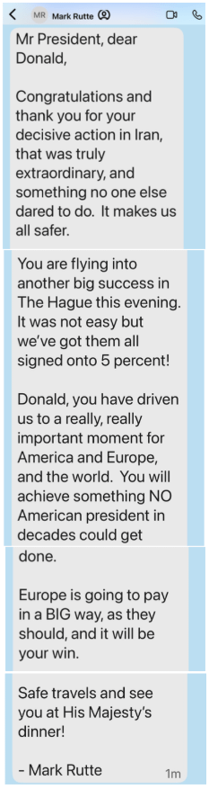 Mark Rutte's SMS naar Donald Trump voordat Trump arriveert in Nederland voor de NAVO top.