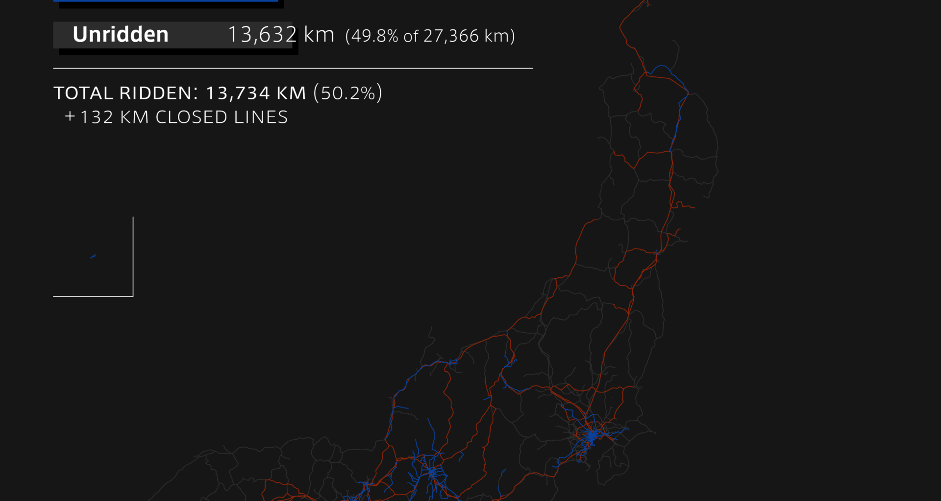 [OC] As of this weekend, I've now ridden over half of Japan's train network, having traveled 13,734 unique km on railways across the country!