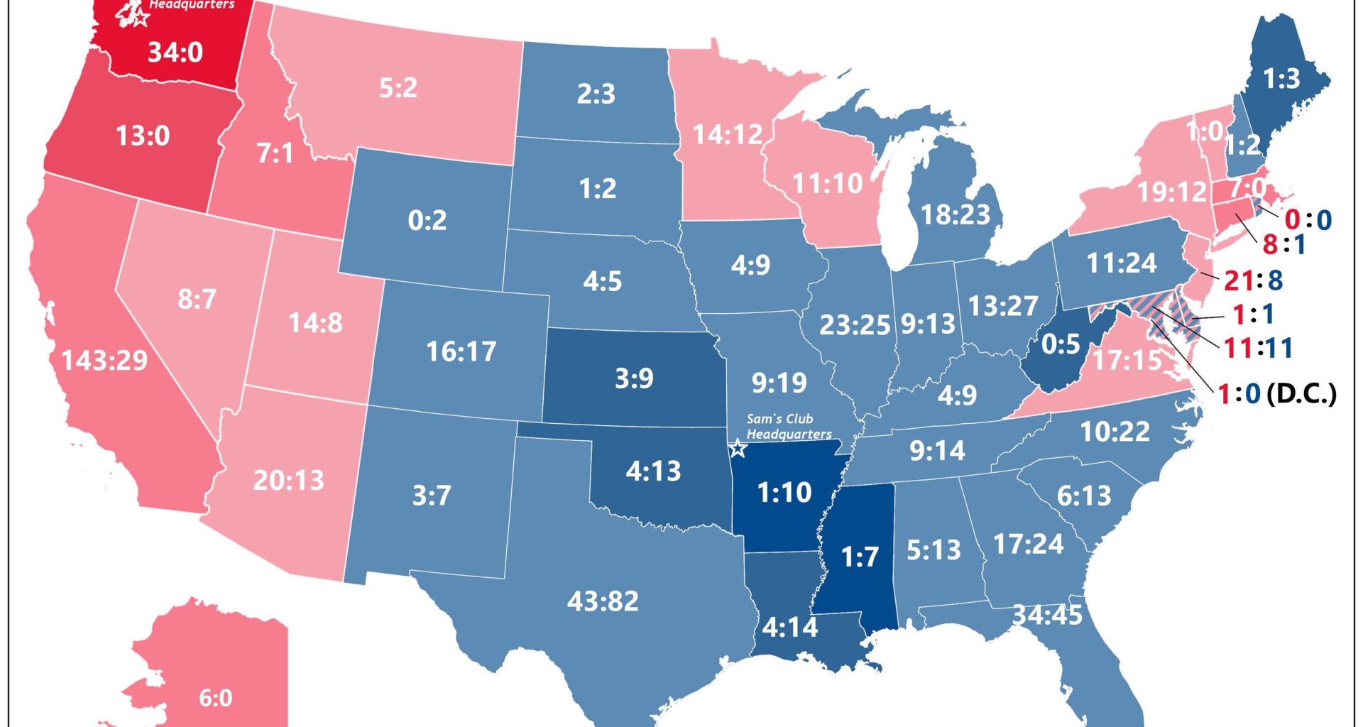 [OC] Comparing Costco and Sam’s Club Store Numbers in the US