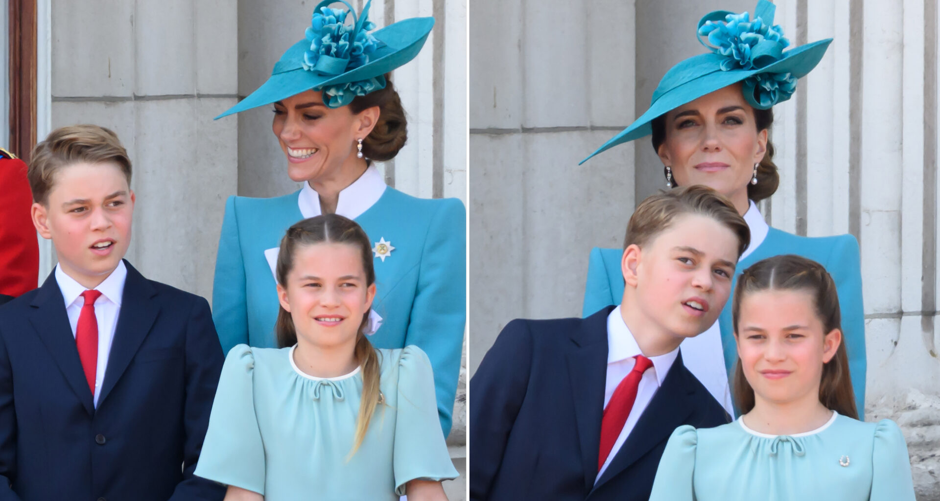 King George wears a navy suit with a white shirt and red tie, Princess Charlotte wears a light turquoise dress, and Kate Middleton wears an aquamarine coat dress to Trooping the Colour 2025