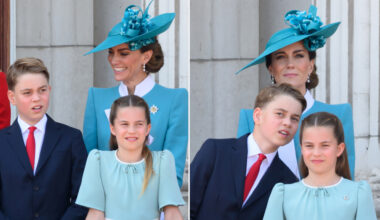 King George wears a navy suit with a white shirt and red tie, Princess Charlotte wears a light turquoise dress, and Kate Middleton wears an aquamarine coat dress to Trooping the Colour 2025