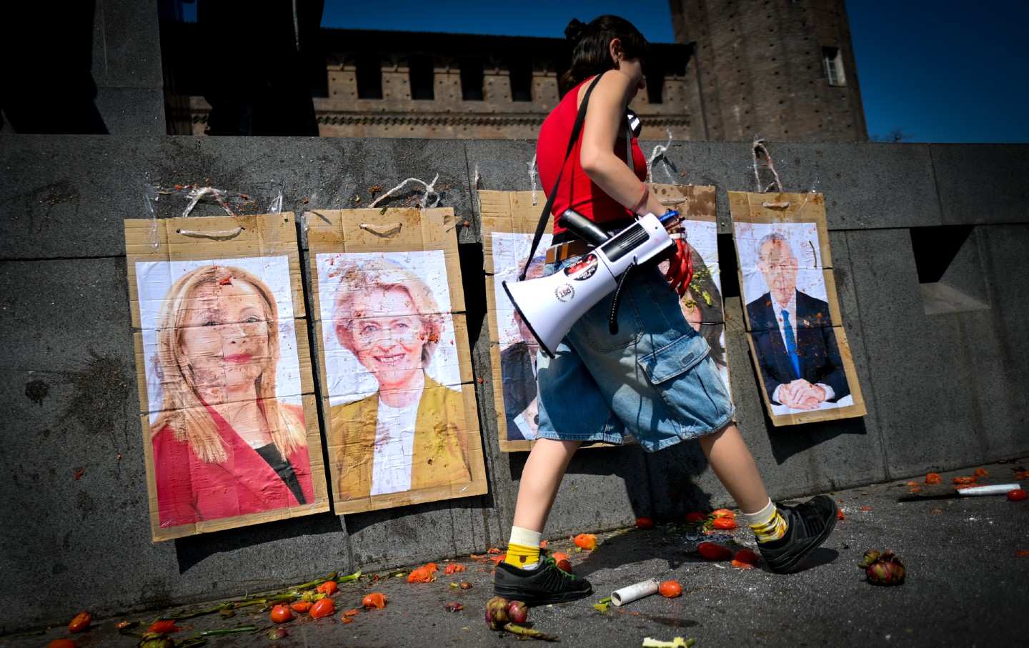 Students protest European rearmament and government school policies during a “Money for Schools, Not War” event on April 4, 2025, in Turin, Italy.