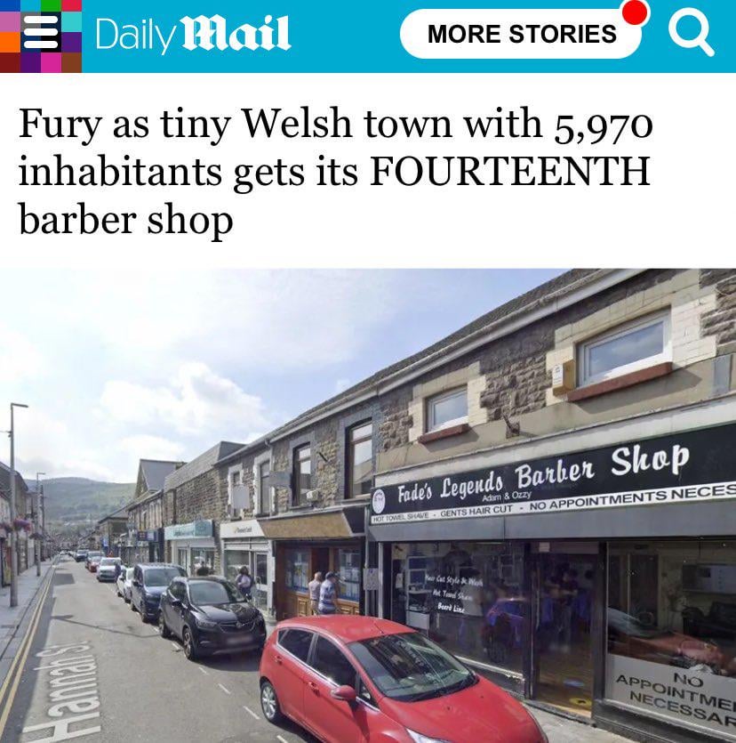 That is one barber shop every 426 people. What a lovely stylish town 💈