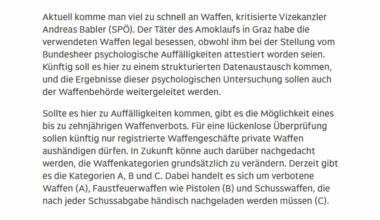 Keine Einschränkung weil Verantwortungsvoller Umgang mit Waffen bei Jägern; auch in Österreich: Jäger-Amoklauf vor 8 Monaten