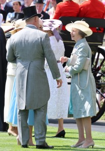 ASCOT, ENGLAND - JUNE 17: Mike Tindall and Anne, Princess Royal share a joke as they attend day one of Royal Ascot at Ascot Racecourse on June 17, 2025 in Ascot, England. (Photo by Chris Jackson/Getty Images)