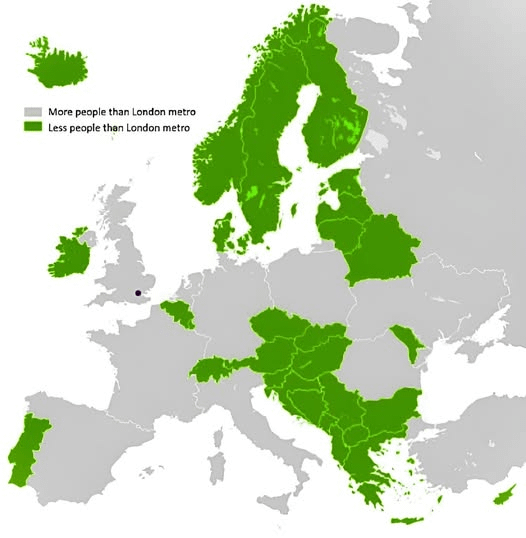 Not made by me, just found it interesting. European countries with populations either smaller or bigger than London’s metropolitan area.