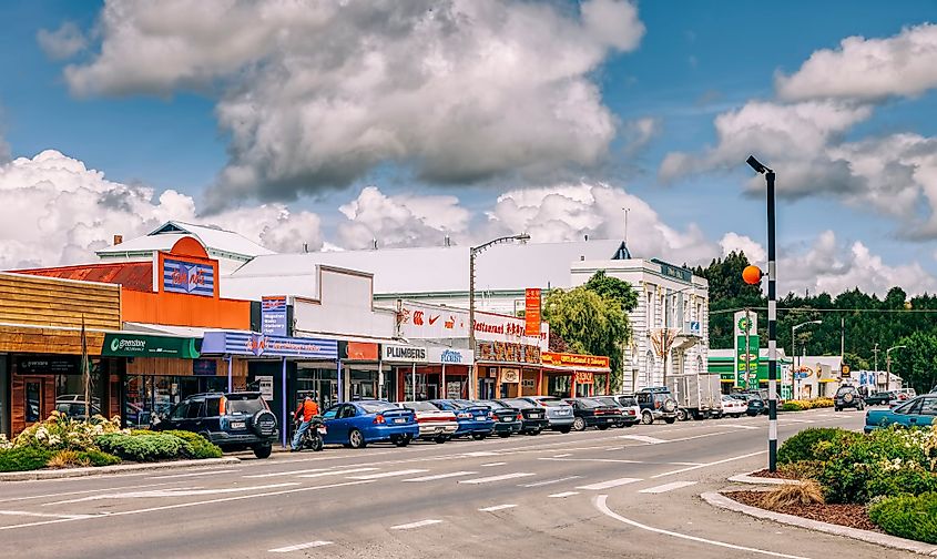 Cityscape with stores and town hall of small town Taihape, New Zealand